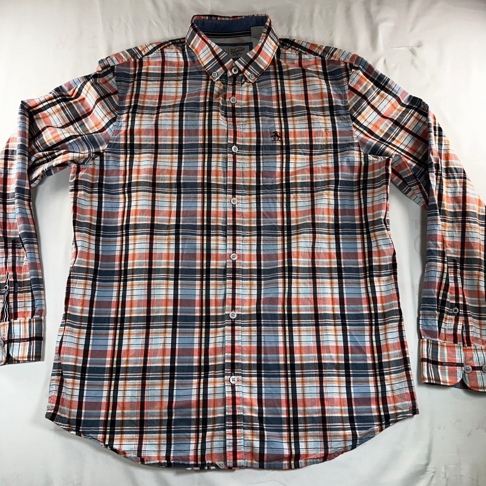 Original Penguin Mens Plaid Button Down Shirt Orange‎ Blue Long Sleeve Large